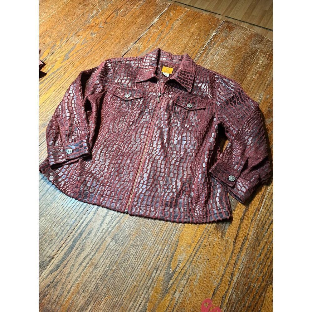 Sz 12 Ruby Rd Burgandy Black Alligator Snakeskin Front Zip Shirt Jacket Blazer